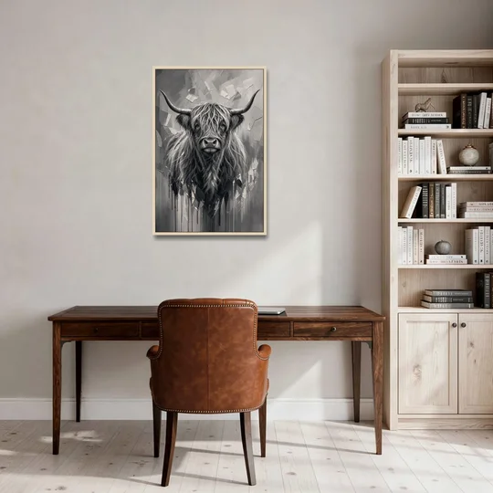 Black and White Farmhouse Shaggy Highland Cow - Oak Framed Canvas Wall Art - Office - 24x36