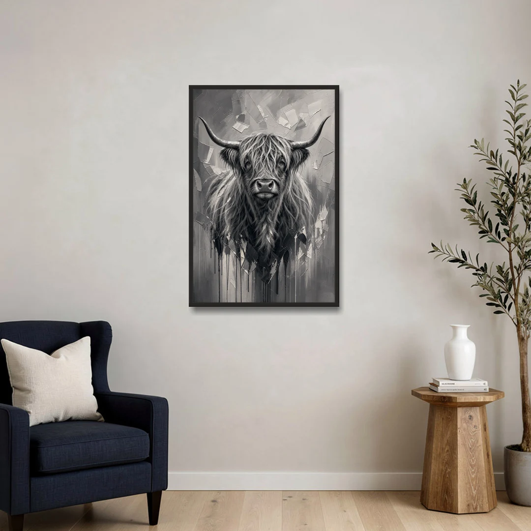 Black and White Farmhouse Shaggy Highland Cow - Black Framed Canvas Wall Art - Sofa - 24x36