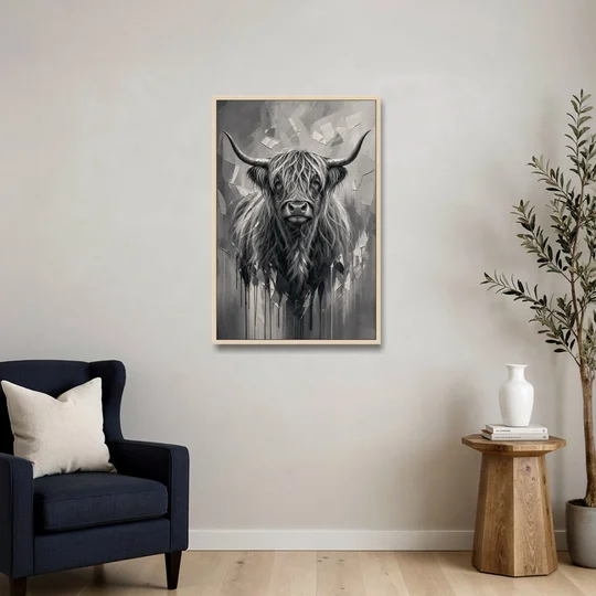Black and White Farmhouse Shaggy Highland Cow - Oak Framed Canvas Wall Art - Sofa - 24x36