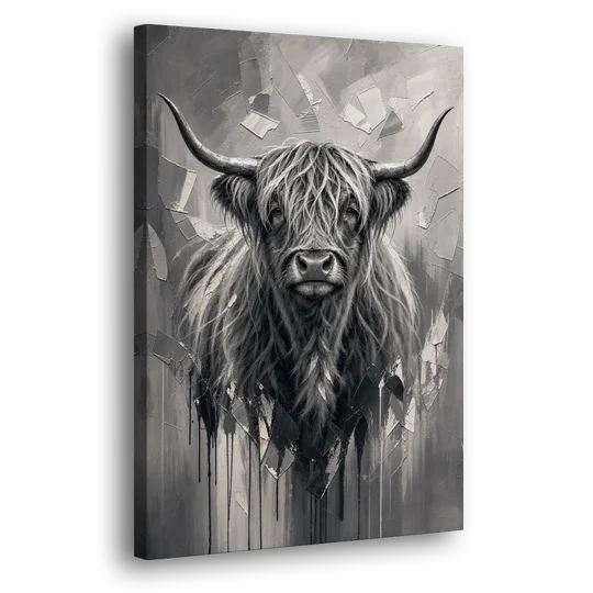 Black and White Farmhouse Shaggy Highland Cow - Canvas Wall Art - Side