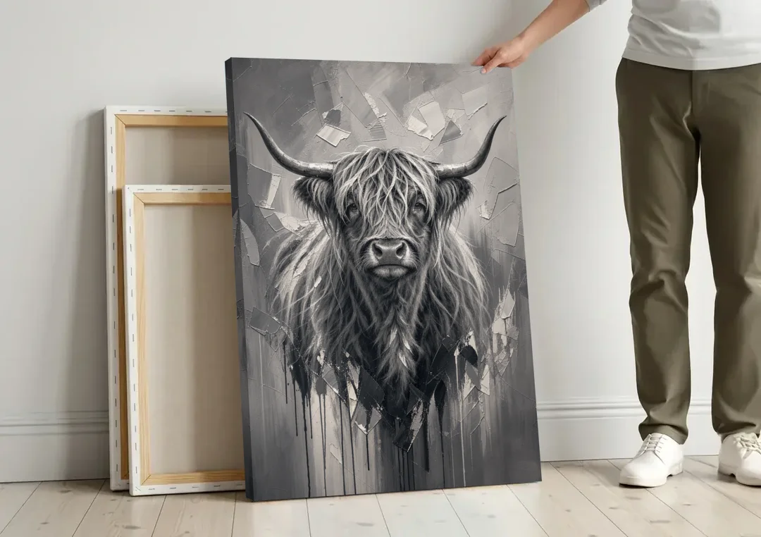 Black and White Farmhouse Shaggy Highland Cow canvas wall art leaning against a wall next to blank canvases
