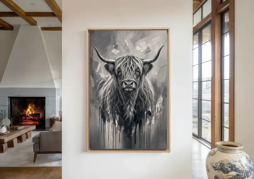 Black and White Farmhouse Shaggy Highland Cow canvas wall art in a living room with a fireplace