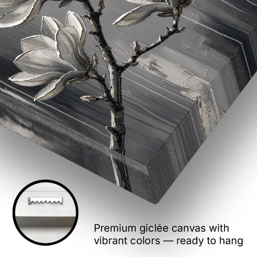 Black and White Floral Canvas of a Magnolia Branch - Canvas Wall Art - Gallery Wrap Corner