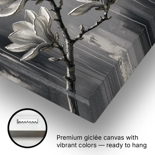 Black and White Floral Canvas of a Magnolia Branch - Canvas Wall Art - Gallery Wrap Corner