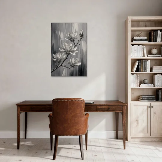 Black and White Floral Canvas of a Magnolia Branch - Canvas Wall Art - Office - 24x36