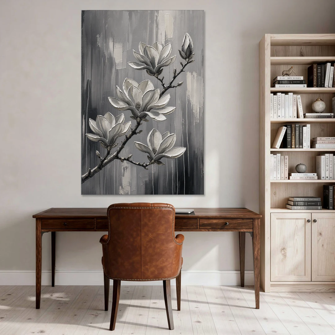 Black and White Floral Canvas of a Magnolia Branch - Canvas Wall Art - Office - 40x60