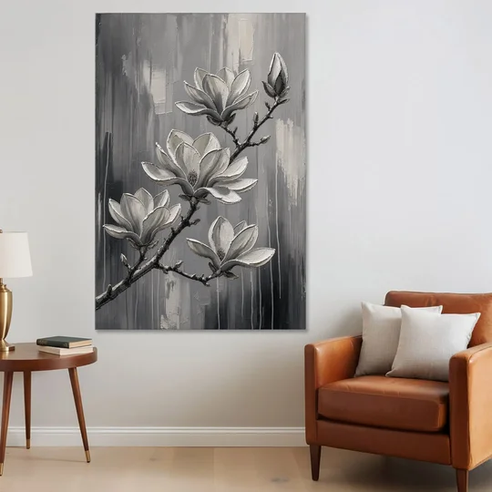 Black and White Floral Canvas of a Magnolia Branch - Canvas Wall Art - Sofa - 40x60