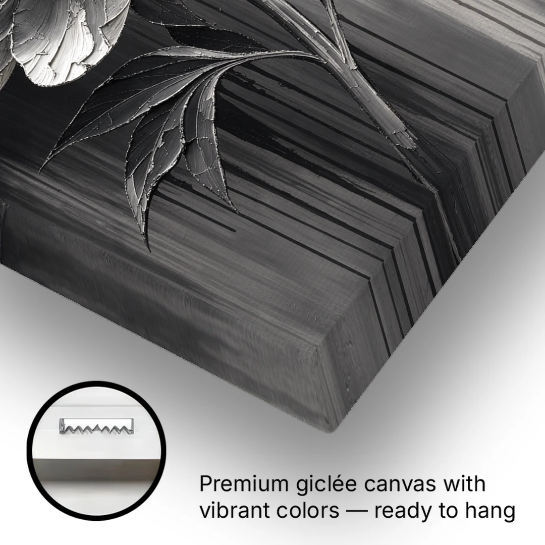 Black and White Flower Painting of a Peony - Canvas Wall Art - Gallery Wrap Corner