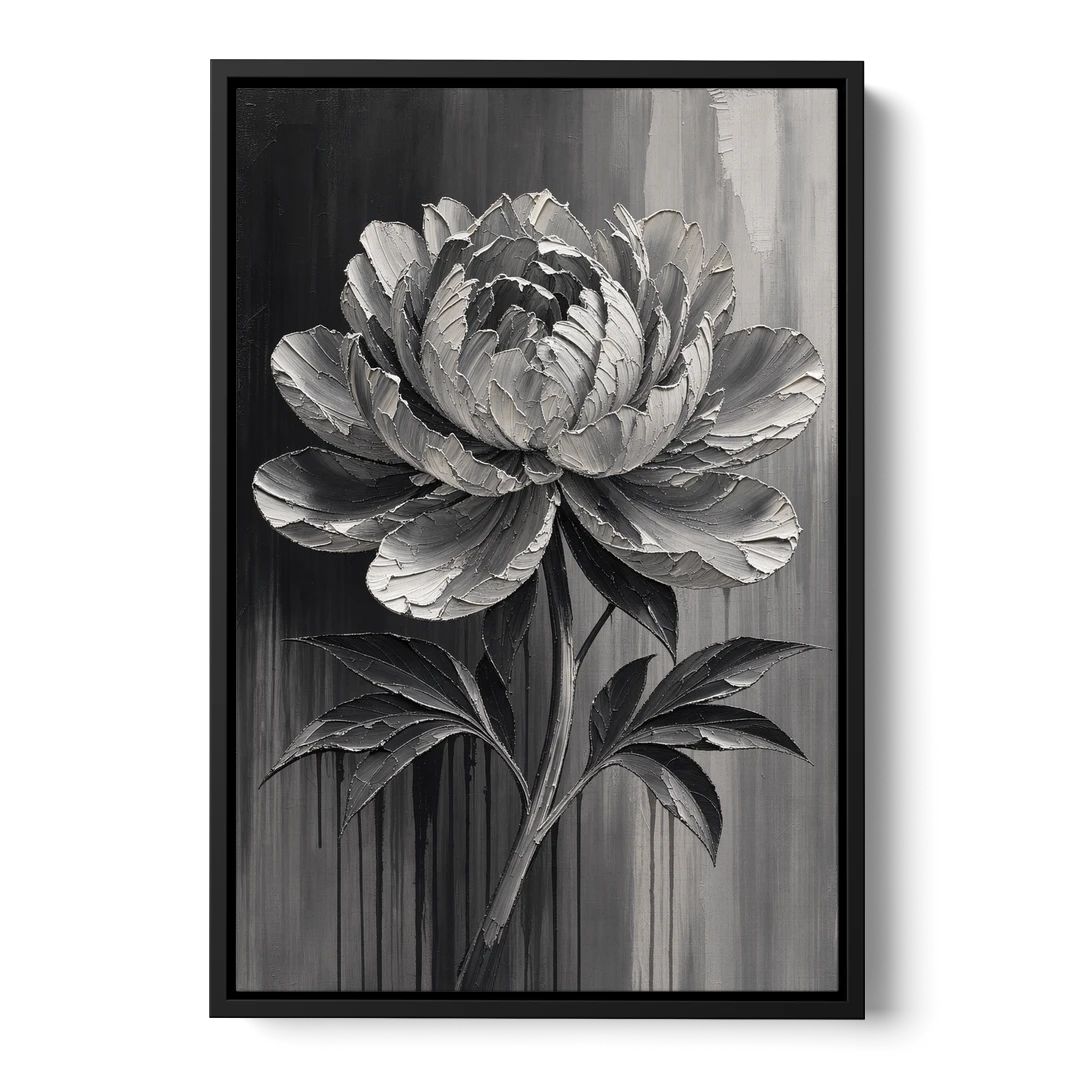 Black and White Flower Painting of a Peony - Black Framed Canvas Wall Art - Front