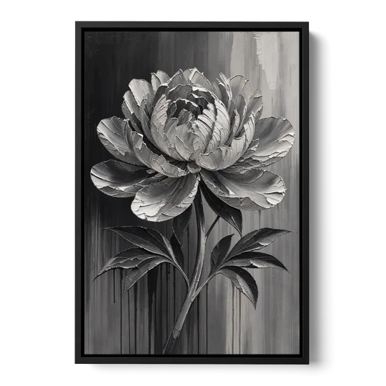 Black and White Flower Painting of a Peony - Black Framed Canvas Wall Art - Front