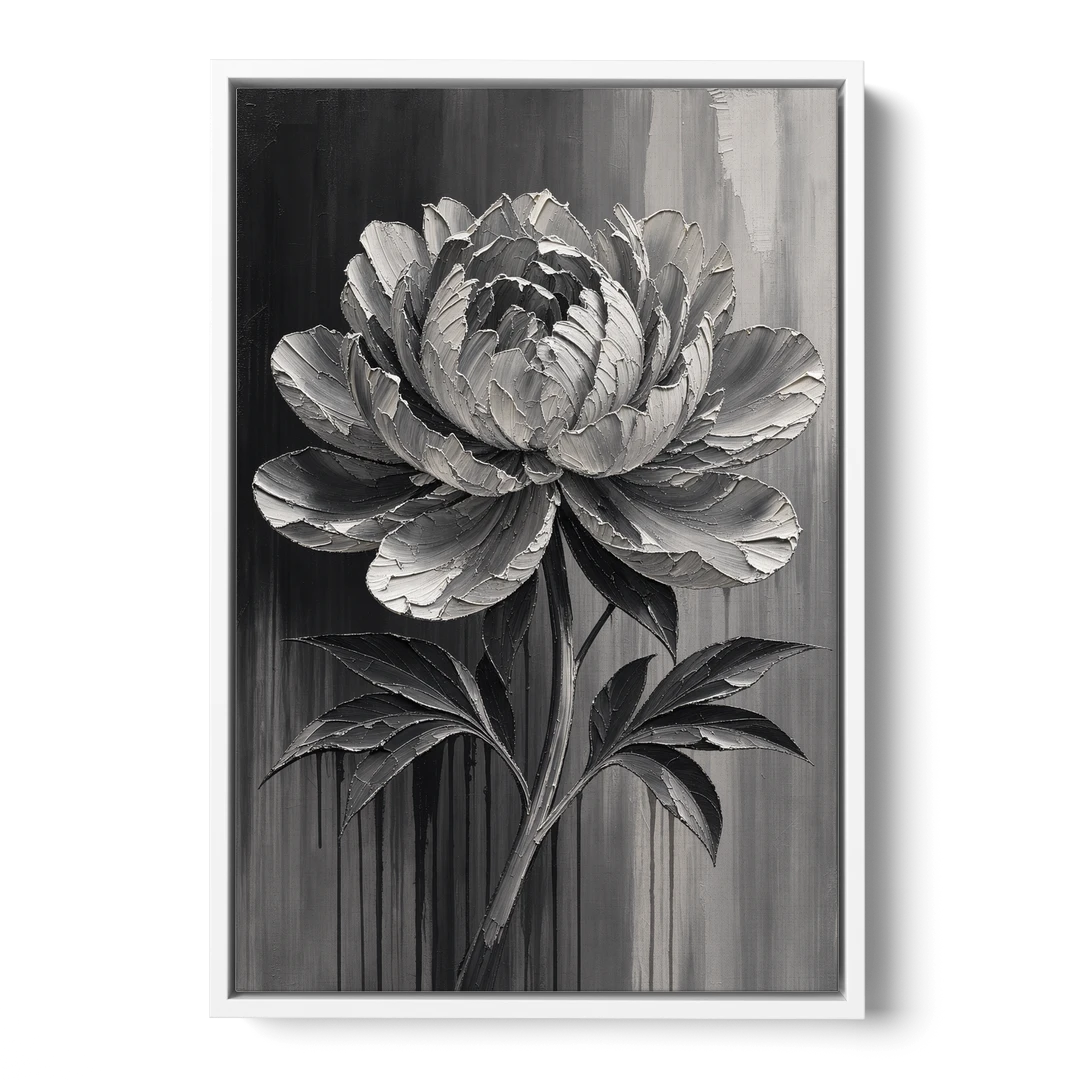 Black and White Flower Painting of a Peony - White Framed Canvas Wall Art - Front
