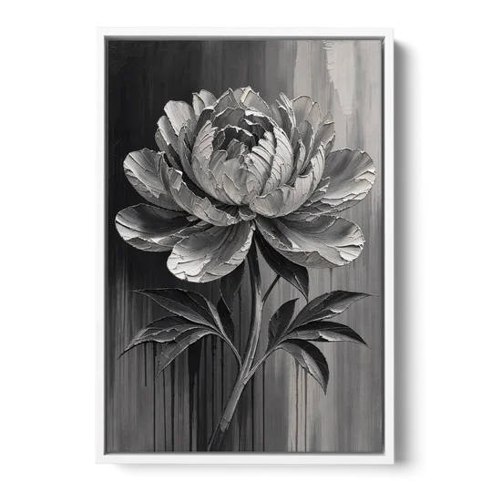 Black and White Flower Painting of a Peony - White Framed Canvas Wall Art - Front