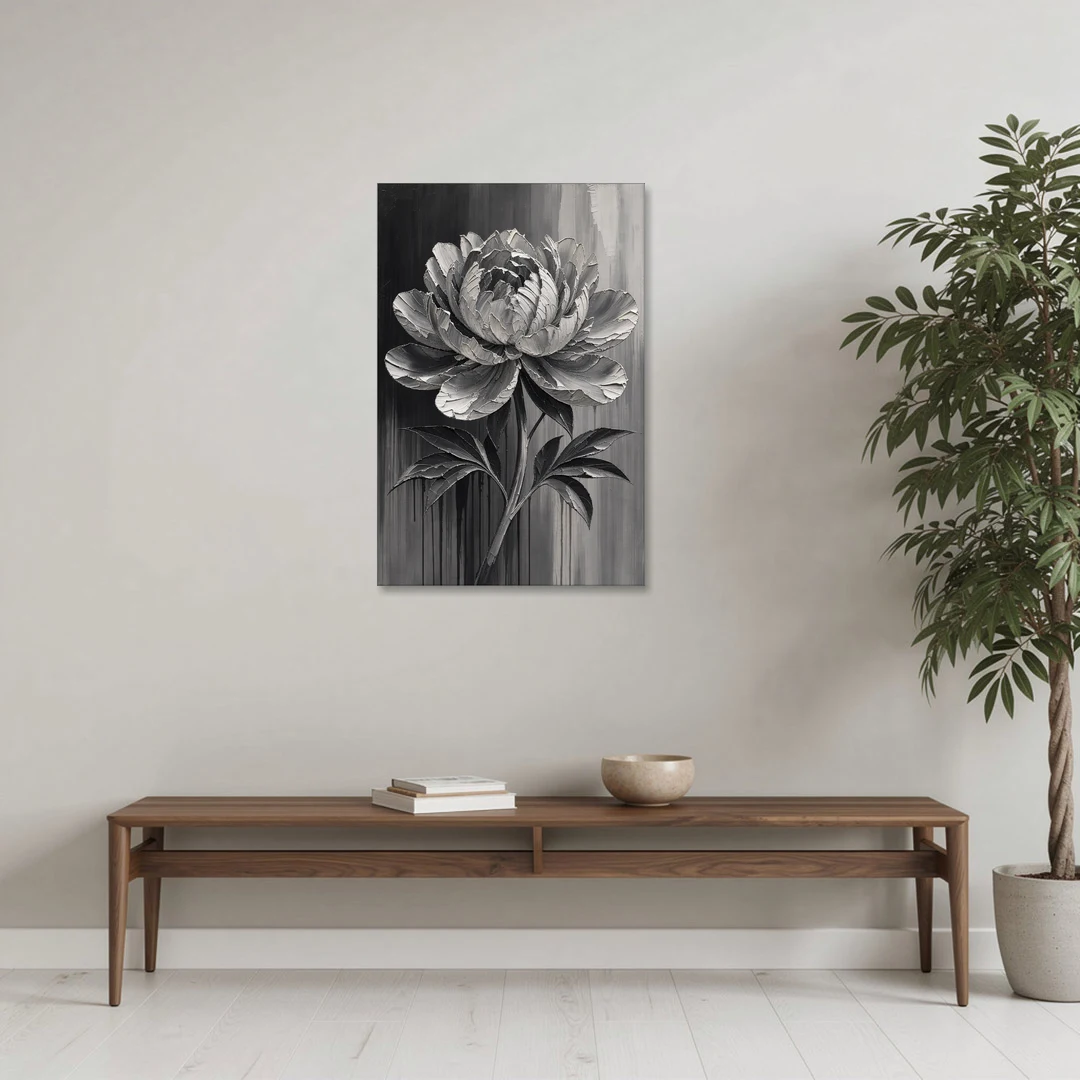 Black and White Flower Painting of a Peony - Canvas Wall Art - Coffee Table - 24x36