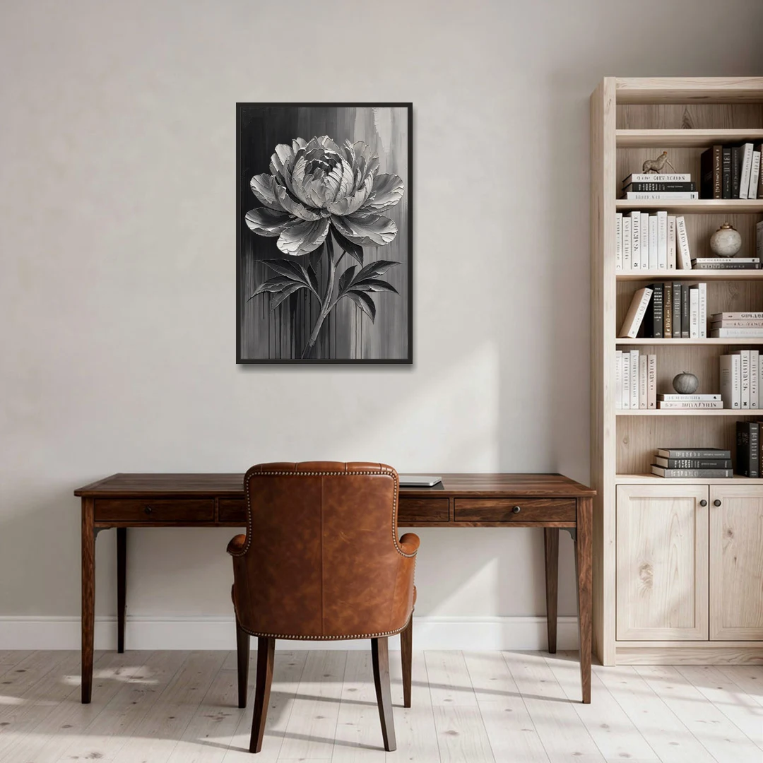 Black and White Flower Painting of a Peony - Black Framed Canvas Wall Art - Office - 24x36