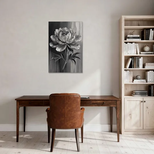 Black and White Flower Painting of a Peony - Canvas Wall Art - Office - 24x36