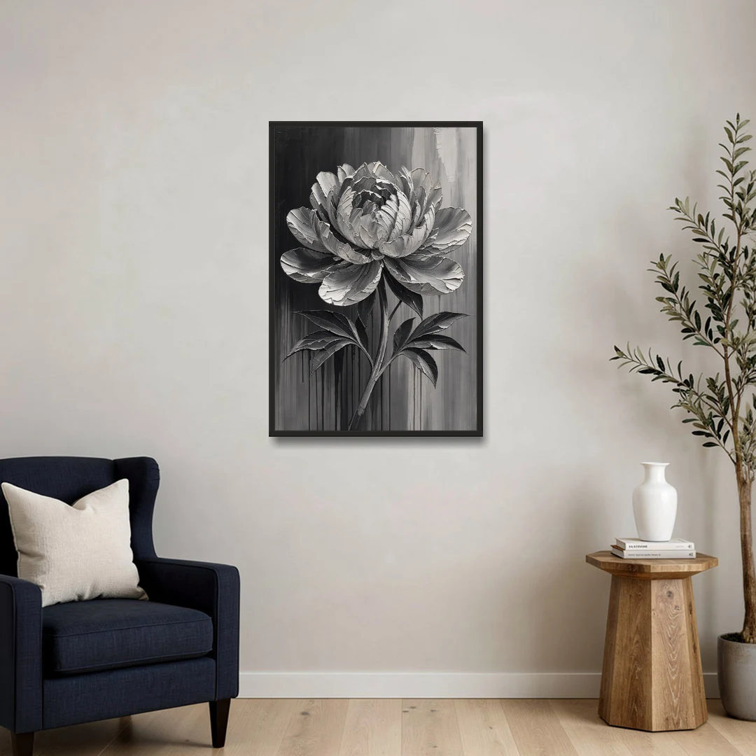 Black and White Flower Painting of a Peony - Black Framed Canvas Wall Art - Sofa - 24x36