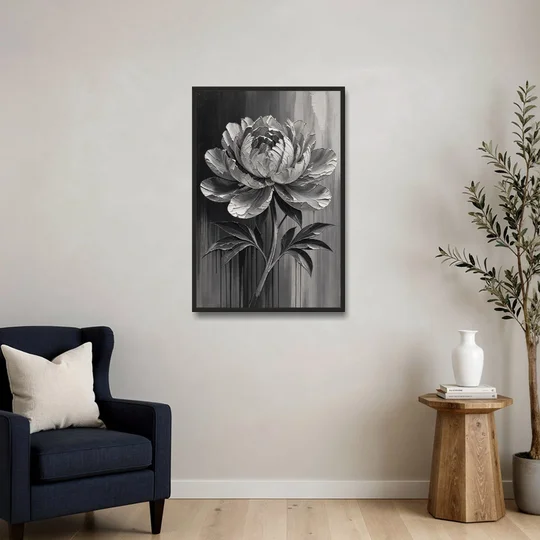 Black and White Flower Painting of a Peony - Black Framed Canvas Wall Art - Sofa - 24x36