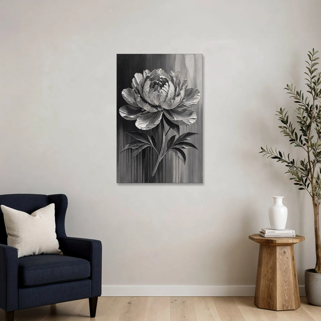 Black and White Flower Painting of a Peony - Canvas Wall Art - Sofa - 24x36