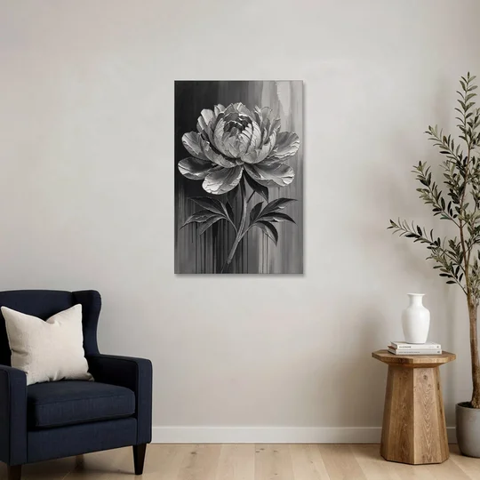 Black and White Flower Painting of a Peony - Canvas Wall Art - Sofa - 24x36
