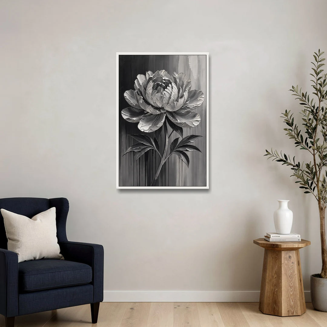 Black and White Flower Painting of a Peony - White Framed Canvas Wall Art - Sofa - 24x36