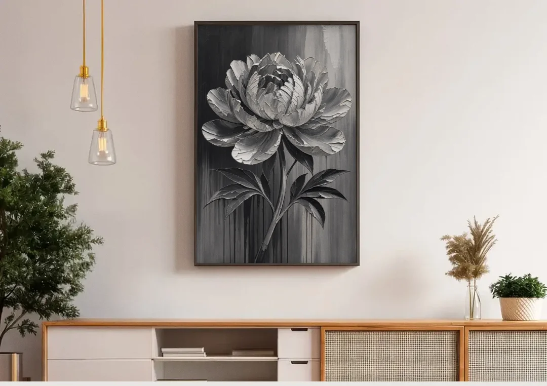 Black and White Flower Painting of a Peony canvas wall art above a wooden sideboard under pendant lights