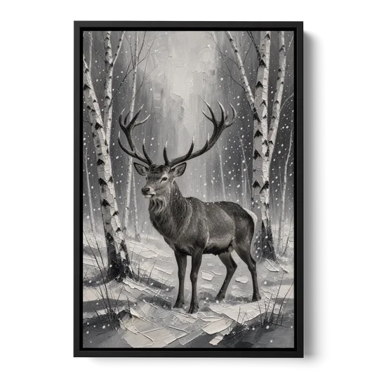 Black and White Forest Canvas with Stag - Black Framed Canvas Wall Art - Front