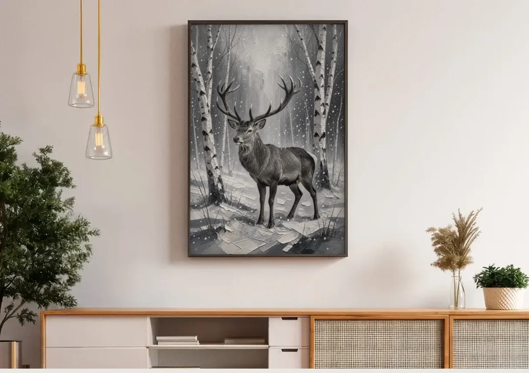 Black and White Forest Canvas with Stag canvas wall art above a wooden sideboard under pendant lights
