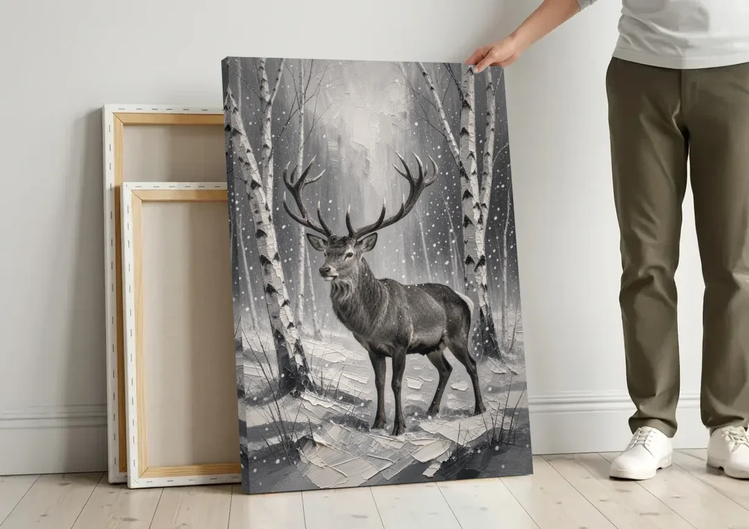 Black and White Forest Canvas with Stag canvas wall art leaning against a wall next to blank canvases