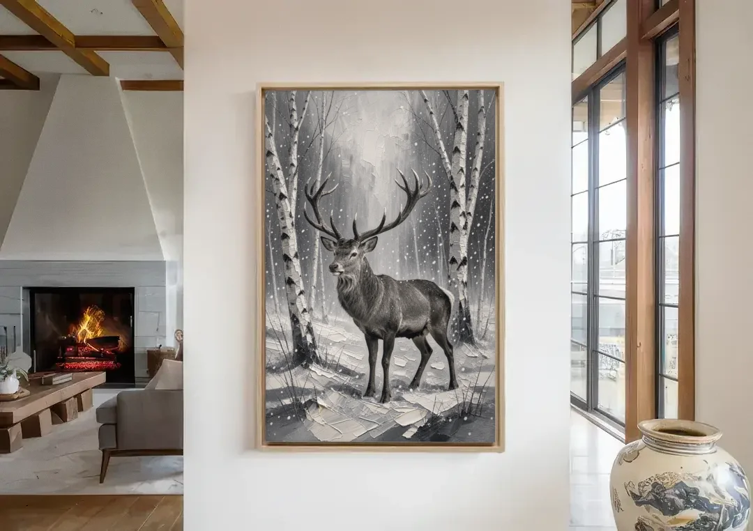 Black and White Forest Canvas with Stag canvas wall art in a living room with a fireplace