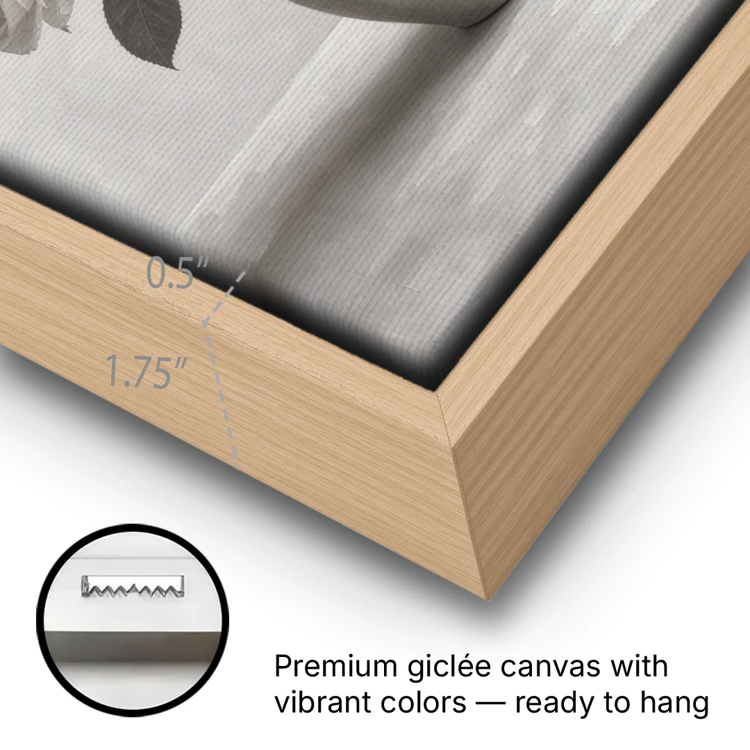 Black and White Garden Roses in a Stone Vase - Oak Framed Canvas Wall Art - Gallery Wrap Corner