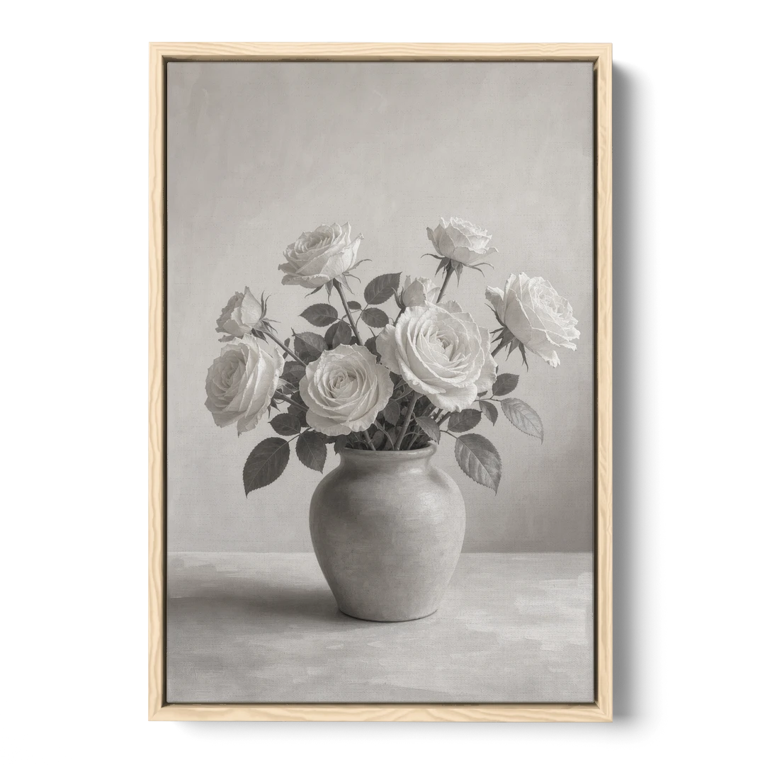 Black and White Garden Roses in a Stone Vase - Oak Framed Canvas Wall Art - Front