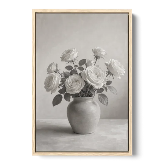 Black and White Garden Roses in a Stone Vase - Oak Framed Canvas Wall Art - Front