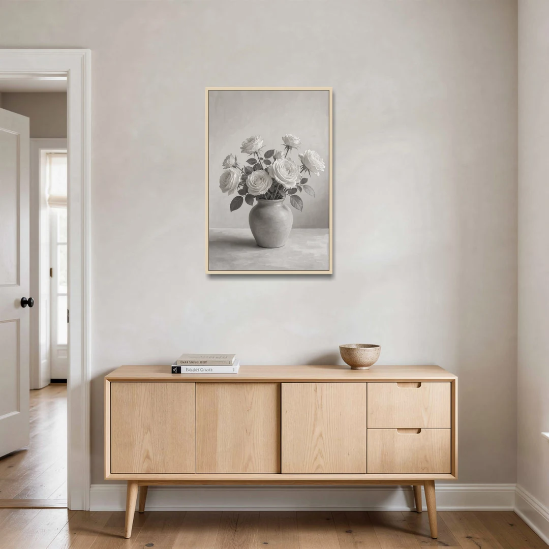 Black and White Garden Roses in a Stone Vase - Oak Framed Canvas Wall Art - Coffee Table - 24x36