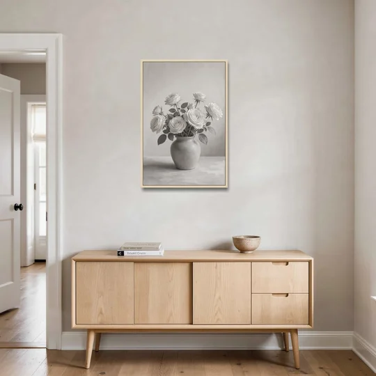Black and White Garden Roses in a Stone Vase - Oak Framed Canvas Wall Art - Coffee Table - 24x36