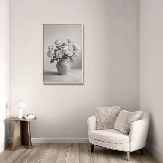 Black and White Garden Roses in a Stone Vase - Oak Framed Canvas Wall Art - Sofa - 24x36