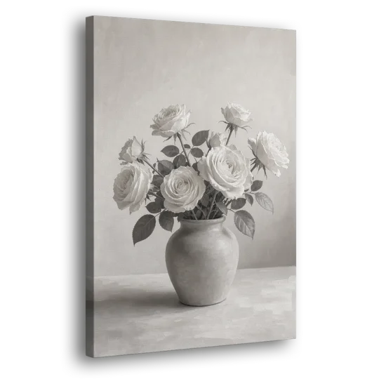 Black and White Garden Roses in a Stone Vase - Canvas Wall Art - Side
