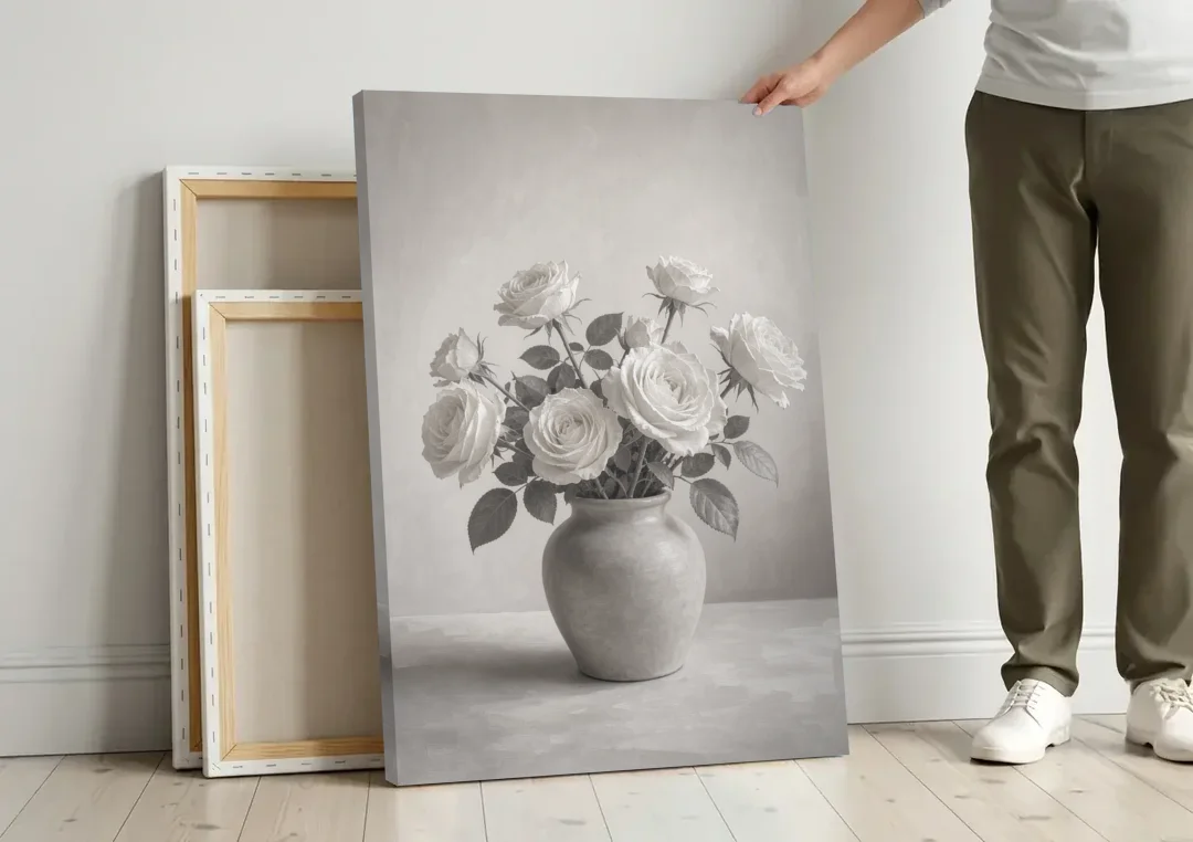 Black and White Garden Roses in a Stone Vase canvas wall art leaning against a wall next to blank canvases