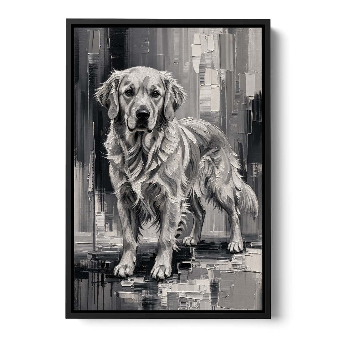 Black and White Golden Retriever Portrait - Black Framed Canvas Wall Art - Front