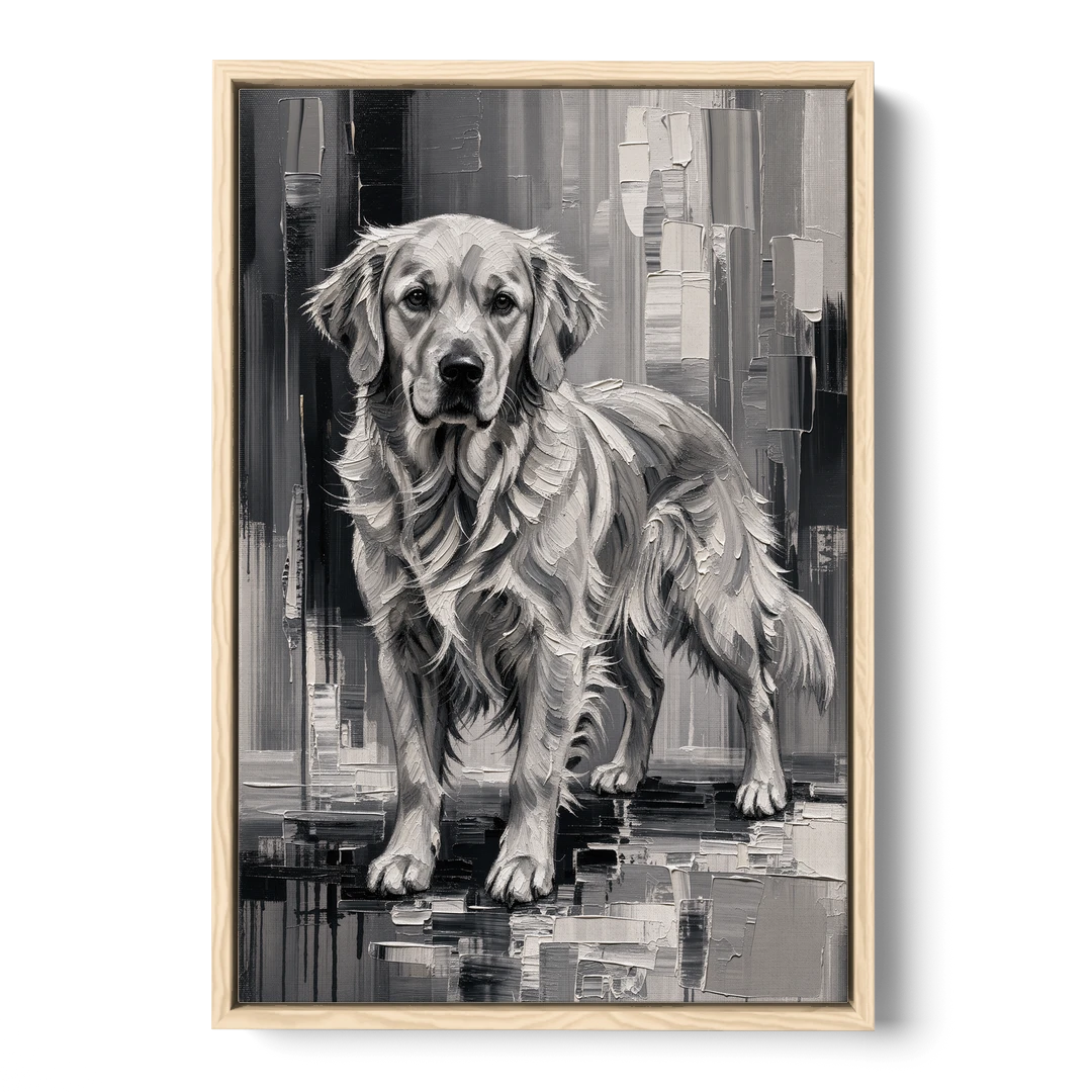Black and White Golden Retriever Portrait - Oak Framed Canvas Wall Art - Front