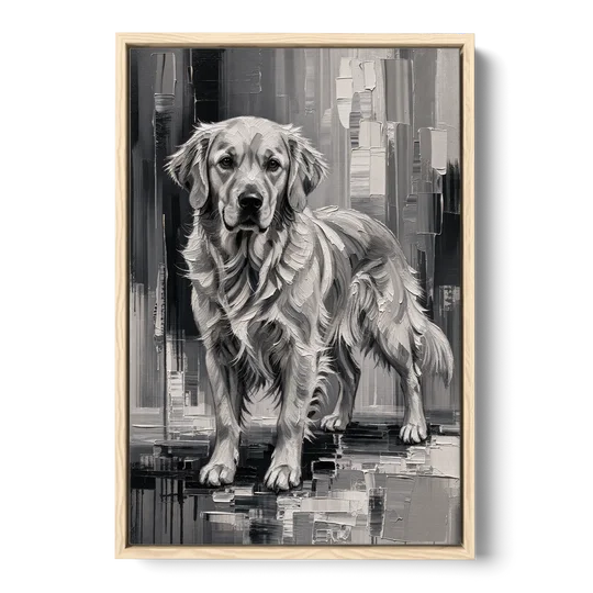 Black and White Golden Retriever Portrait - Oak Framed Canvas Wall Art - Front