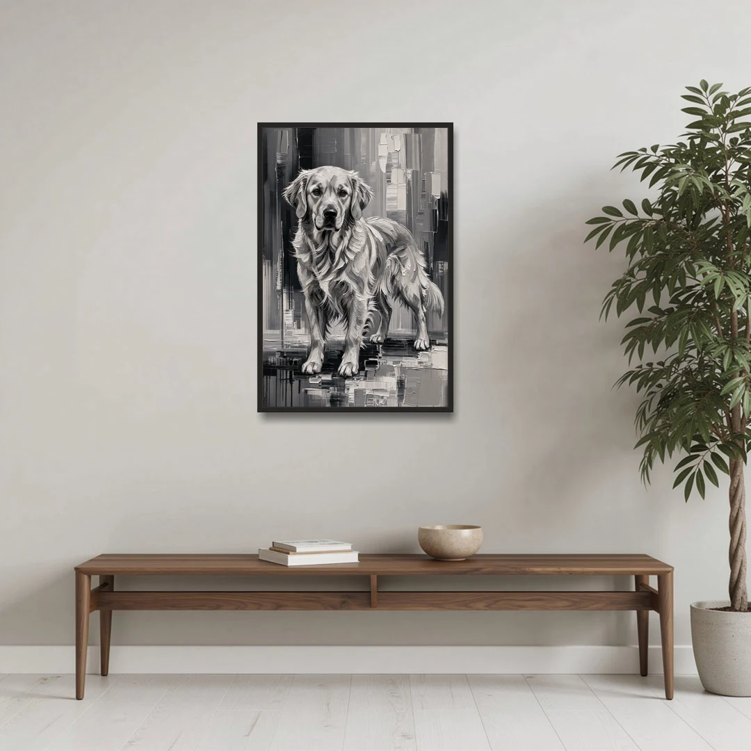 Black and White Golden Retriever Portrait - Black Framed Canvas Wall Art - Coffee Table - 24x36