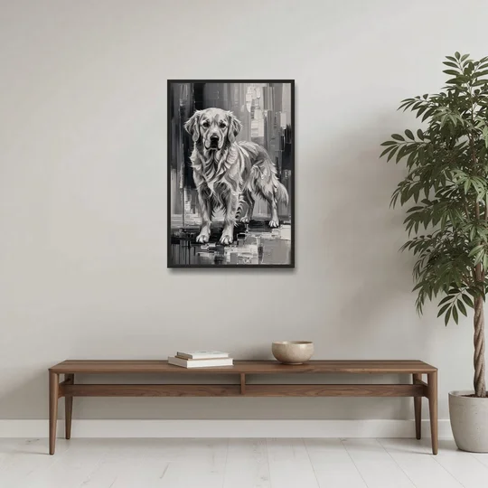Black and White Golden Retriever Portrait - Black Framed Canvas Wall Art - Coffee Table - 24x36