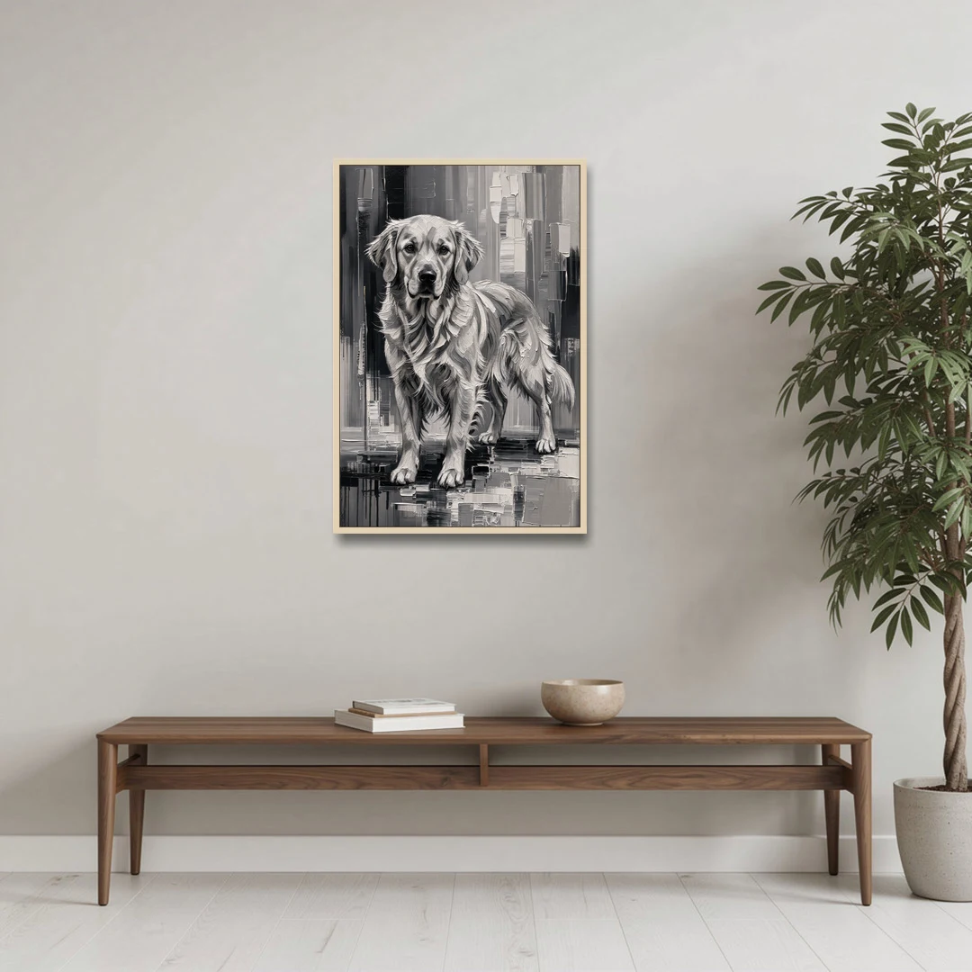 Black and White Golden Retriever Portrait - Oak Framed Canvas Wall Art - Coffee Table - 24x36
