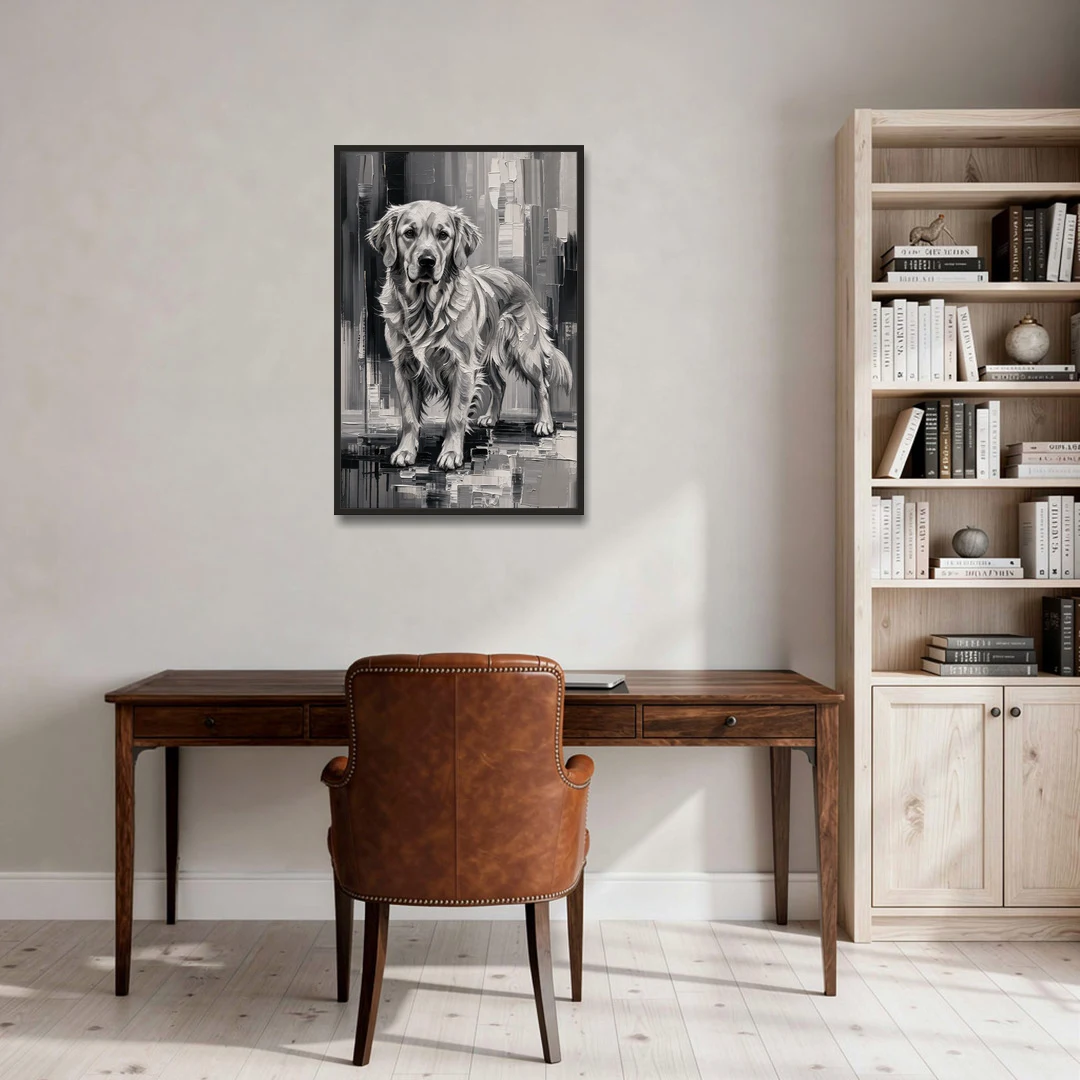 Black and White Golden Retriever Portrait - Black Framed Canvas Wall Art - Office - 24x36