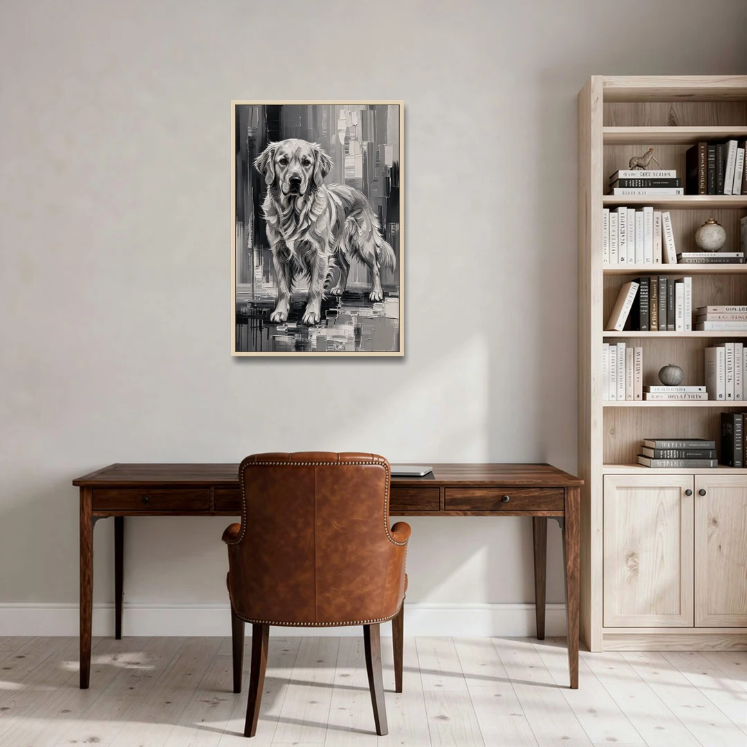 Black and White Golden Retriever Portrait - Oak Framed Canvas Wall Art - Office - 24x36