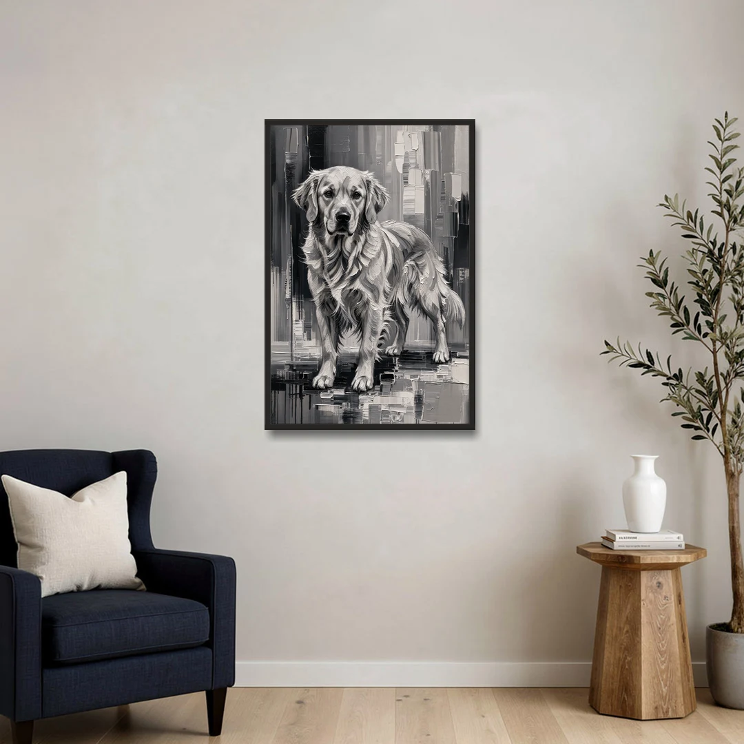 Black and White Golden Retriever Portrait - Black Framed Canvas Wall Art - Sofa - 24x36