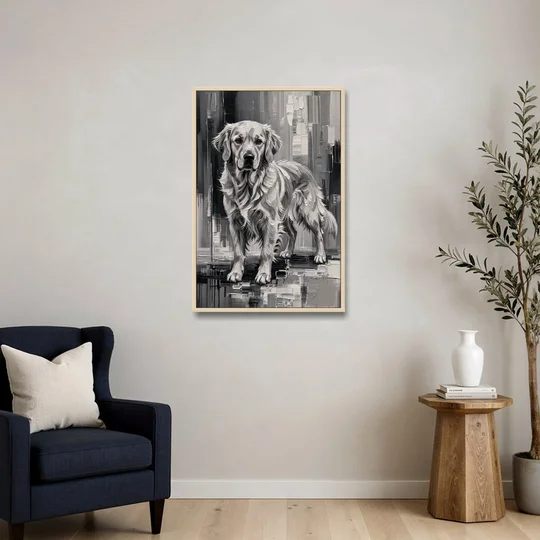 Black and White Golden Retriever Portrait - Oak Framed Canvas Wall Art - Sofa - 24x36