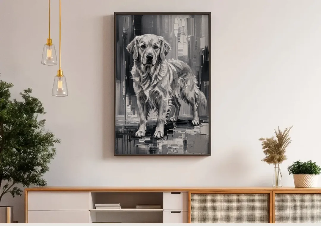 Black and White Golden Retriever Portrait canvas wall art above a wooden sideboard under pendant lights