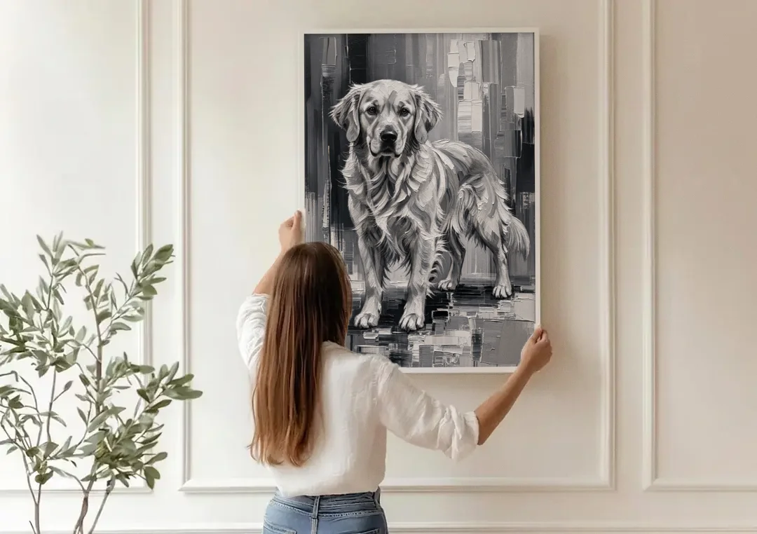 Black and White Golden Retriever Portrait canvas wall art being hung on a paneled wall