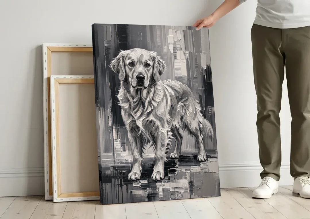 Black and White Golden Retriever Portrait canvas wall art leaning against a wall next to blank canvases